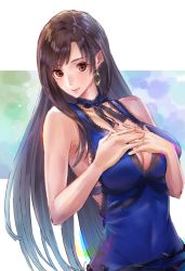 Rule 34 | 1girl, asymmetrical bangs, bare arms, bare shoulders, black hair, blue dress, breasts, brown eyes, cleavage, closed mouth, covered navel, crescent, crescent earrings, crescent moon, dress, earrings, final fantasy, final fantasy vii, final fantasy vii remake, highres, jewelry, large breasts, lips, long hair, looking at viewer, moon, neck, neck ribbon, official alternate costume, ribbon, shimamiyako, sleeveless, sleeveless dress, smile, solo, square enix, straight hair, tifa lockhart, tifa lockhart (refined dress), very long hair, wall market