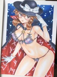 Rule 34 | 1girl, black cape, black hat, blue background, border, bow, breasts, brown eyes, brown hair, cape, feet out of frame, gloves, hand on headwear, hat, hat bow, hat ribbon, leaning forward, lingerie, looking at viewer, marker (medium), medium breasts, medium hair, mikeko (user zntg7852), navel, open mouth, ribbon, simple background, solo, touhou, traditional media, underwear, usami sumireko, white border, white bow, white gloves, white ribbon