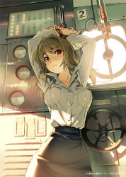Rule 34 | 10s, 1girl, arms up, bdsm, blush, bondage, bound, breasts, brown eyes, collarbone, gauge, green hair, koumi haruka, large breasts, long hair, looking at viewer, md5 mismatch, pencil skirt, rail wars!, resolution mismatch, rope, shirt tucked in, skirt, solo, source larger, sweat, uniform, vania600