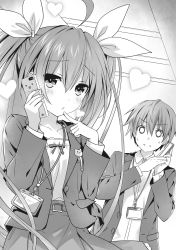 Rule 34 | 1boy, 1girl, ahoge, bow, brother and sister, collarbone, date a live, dress shirt, greyscale, hair between eyes, hair bow, heart, highres, holding, holding phone, itsuka kotori, itsuka shidou, jacket, long hair, long sleeves, monochrome, neck ribbon, novel illustration, official art, open clothes, open jacket, open mouth, phone, pleated skirt, ribbon, shirt, siblings, skirt, tsunako, twintails, very long hair