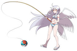 Rule 34 | 1girl, absurdres, adapted costume, ahoge, angel, angel wings, arm tattoo, asatsuki (fgfff), bikini, blush, closed mouth, collarbone, feathered wings, fishing rod, full body, grey hair, highres, holding, long hair, multiple wings, navel, poke ball, red eyes, sandals, sariel (touhou), seraph, simple background, stomach, stomach tattoo, sweatdrop, swimsuit, tattoo, touhou, touhou (pc-98), very long hair, white background, white bikini, white wings, wings