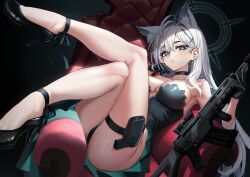 Rule 34 | 1girl, absurdres, animal ear fluff, animal ears, assault rifle, black choker, black dress, black panties, blue archive, blue eyes, breasts, choker, cross hair ornament, crossed legs, dark halo, dress, extra ears, gloves, grey hair, gun, hair ornament, halo, high heels, highres, holding, holding weapon, holster, holstered, large breasts, long hair, mismatched pupils, panties, pantyshot, rifle, shiroko (blue archive), shiroko terror (blue archive), solo, stone (ksorede), thigh holster, thigh strap, underwear, weapon, wolf ears