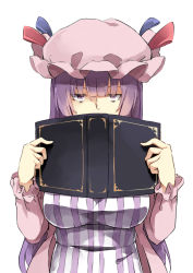 Rule 34 | 1girl, bags under eyes, belly, blue ribbon, blunt ends, book, breasts, covering own mouth, deetamu, dress, eyes visible through hair, hat, hat ribbon, highres, holding, holding book, jitome, large breasts, long hair, looking at viewer, mob cap, open book, pajamas, patchouli knowledge, purple eyes, purple hair, red ribbon, ribbon, simple background, solo, staring, striped clothes, striped dress, touhou, upper body, vertical-striped clothes, vertical-striped dress, white background