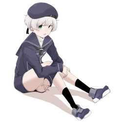 Rule 34 | 1girl, black socks, blue eyes, blue footwear, blue hat, clothes writing, daigaku jitome, dress, full body, hat, highres, kantai collection, long sleeves, open mouth, sailor collar, sailor dress, shadow, short hair, simple background, sitting, socks, solo, white background, z1 leberecht maass (kancolle)