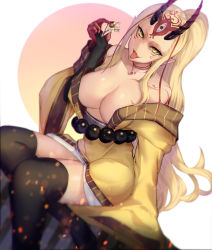 Rule 34 | 1girl, :d, alternate breast size, bare shoulders, belt, black thighhighs, blonde hair, breasts, cleavage, facial hair, fate/grand order, fate (series), highres, horns, ibaraki douji (fate), japanese clothes, kimono, large breasts, long hair, looking at viewer, off shoulder, aged up, oni, oni horns, open mouth, pointy ears, ponytail, satou daiji, simple background, sitting, smile, solo, tattoo, thighhighs, tongue, tongue out, yellow eyes