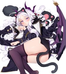 Rule 34 | 1girl, agnamore, ahoge, animal ears, ass, ass focus, black coat, black skirt, blue archive, blush, brown thighhighs, cat ears, cat tail, cleft of venus, coat, unworn coat, demon horns, fake animal ears, fake tail, foot out of frame, hair ornament, hairclip, half-closed eyes, hina (blue archive), horns, long coat, long hair, long sleeves, looking at viewer, lying, military, military uniform, miniskirt, multiple horns, nail polish, no panties, no shoes, on floor, on side, parted bangs, parted lips, paw pose, purple eyes, purple nails, pussy, ringlets, side slit, simple background, skindentation, skirt, soles, solo, tail, teeth, thighhighs, uncensored, uniform, very long hair, white background, white hair, wings