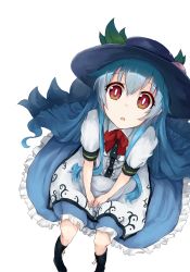 Rule 34 | 1girl, blue hair, boots, dress, food, from above, fruit, hat, highres, hinanawi tenshi, long hair, looking at viewer, monobe tsukuri, peach, red eyes, simple background, sitting, solo, touhou