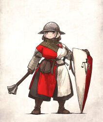 Rule 34 | 1girl, armor, belt, blush, boots, breasts, brown eyes, brown hair, closed mouth, commentary, english commentary, full body, gloves, helmet, highres, holding, holding weapon, ironlily, large breasts, looking at viewer, mace, original, shadow, shield, solo, split mouth, standing, weapon, white background