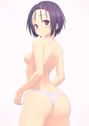 Rule 34 | 1girl, ass, back, blush, breasts, cowboy shot, from behind, from side, fuchitoro, gradient background, hair ornament, hairclip, hip focus, huge ass, light smile, long hair, looking at viewer, looking back, nipples, panties, purple eyes, purple hair, sairenji haruna, short hair, simple background, skindentation, small breasts, smile, solo, thong, to love-ru, topless, underwear, underwear only, white background, white panties, wide hips