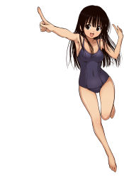 Rule 34 | 00s, 1girl, absurdres, armpits, barefoot, black eyes, black hair, colorized, female focus, foreshortening, full body, highres, long hair, murasame oshizu, non-web source, one-piece swimsuit, pointing, school swimsuit, simple background, solo, swimsuit, to love-ru, vector trace, white background