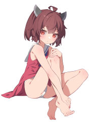 Rule 34 | 1girl, ahoge, bare legs, barefoot, blush, brown hair, commentary request, dress, expressionless, feet, full body, headgear, highres, knees up, looking at viewer, panties, pantyshot, red dress, red eyes, sailor collar, sailor dress, short hair, simple background, sitting, sleeveless, sleeveless dress, solo, toes, touhoku kiritan, underwear, voiceroid, white background, white panties, white sailor collar, yamamomo (plank)