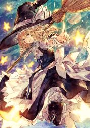 Rule 34 | 1girl, absurdres, apron, bamboo broom, benitama, black dress, black footwear, blonde hair, blue eyes, boots, broom, dress, foreshortening, frills, from side, grin, hat, hat ribbon, highres, kirisame marisa, long hair, looking at viewer, looking to the side, pointing, pointing at viewer, puffy short sleeves, puffy sleeves, ribbon, short sleeves, smile, solo, star (symbol), touhou, waist apron, white ribbon, witch hat