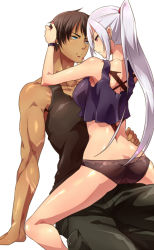 Rule 34 | 1boy, 1girl, ass, bare legs, black panties, black pants, black skirt, blue eyes, brown hair, character request, copyright request, dark-skinned male, dark skin, eye contact, girl on top, hand in another&#039;s hair, hand on another&#039;s chin, hand on another&#039;s head, hand on another&#039;s hip, looking at another, muscular, no pants, panties, pants, ponytail, red eyes, silver hair, simple background, sitting, skirt, sleeveless, spread legs, tagme, tank top, tattoo, thighhighs, underwear, white background