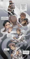 Rule 34 | 2boys, absurdres, black hair, collage, crying, crying with eyes open, disappear, english text, freckles, highres, hug, jean kirstein, lipeka, marco bott, mourning, multicolored hair, multiple boys, sad, shingeki no kyojin, sideburns, smile, spoilers, steam, tears, two-tone hair, yaoi