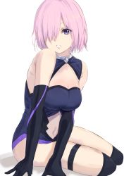 Rule 34 | 1girl, absurdres, bare shoulders, black gloves, breasts, cleavage, elbow gloves, fate/grand order, fate (series), gloves, hair over one eye, highres, large breasts, leotard, light purple hair, looking at viewer, mash kyrielight, medium breasts, misaki nonaka, multicolored clothes, navel, parted lips, purple eyes, short hair, simple background, sitting, solo, teeth, thigh strap, white background, yokozuwari