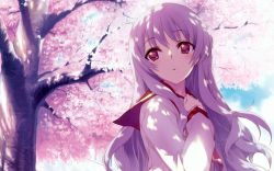 Rule 34 | 1girl, bad id, bad pixiv id, blue sky, cherry blossoms, cloud, dappled sunlight, day, hair between eyes, hand on own chest, highres, himekawa kotone, long hair, long sleeves, looking back, looking to the side, neckerchief, outdoors, parted lips, purple hair, red eyes, sailor collar, school uniform, serafuku, sky, solo, spring (season), sunlight, tiago (user ardp7474), to heart, to heart (series), tree, upper body, very long hair