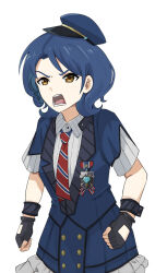 Rule 34 | 1girl, black gloves, blue hair, blue hat, blue jacket, blush, clenched hands, collared shirt, commentary, diagonal-striped clothes, diagonal-striped necktie, dress shirt, fingerless gloves, girls band cry, gloves, hat, highres, jacket, nana (girls band cry), necktie, open mouth, red necktie, sagittarius (cruxhkg), shirt, simple background, solo, striped clothes, white background, white shirt, wrist cuffs, yellow eyes