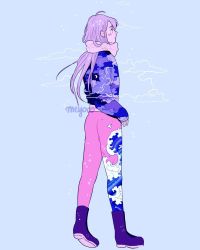 Rule 34 | androgynous, artist name, bad id, bad instagram id, blue background, boots, cloud, crescent moon, expressionless, facing away, from side, full body, gender request, highres, long hair, long sleeves, meyoco, midriff, moon, night, night sky, original, pants, pink pants, print pants, profile, purple hair, scarf, simple background, sky, sky print, solo, standing, unmoving pattern, wave print, waves