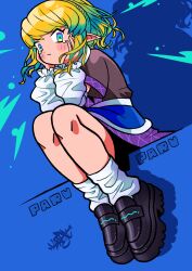 Rule 34 | 1girl, absurdres, arm warmers, black footwear, black skirt, blonde hair, blue background, blush, brown shirt, closed mouth, commentary, full body, green eyes, half updo, hands on own cheeks, hands on own face, highres, leaf st, looking at viewer, mizuhashi parsee, paru paru, pointy ears, pout, shirt, shoes, short hair, short sleeves, skirt, socks, solo, tearing up, touhou, white socks