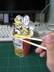 Rule 34 | 1boy, 1girl, animal ears, brother and sister, cup, cup ramen, food, in container, in cup, kagamine len, kagamine rin, mechanical keyboard, mini person, minigirl, noodles, paper child, papercraft (medium), photo (medium), ramen, sasaki yukinojou, siblings, topre, translation request, twins, unconventional media, vocaloid
