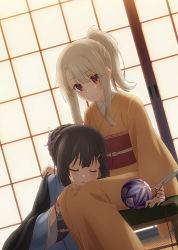 Rule 34 | 2girls, adjusting another&#039;s clothes, black hair, blonde hair, blue kimono, child, closed eyes, dressing another, fate/kaleid liner prisma illya, fate (series), female focus, hair between eyes, hair bun, hair ornament, hairclip, illyasviel von einzbern, indoors, japanese clothes, kimono, lap pillow, long hair, long sleeves, miyu edelfelt, multiple girls, obi, official art, ponytail, red eyes, sash, sidelocks, single hair bun, sitting, sleeping, sleepy, sliding doors, string, string of fate, wide sleeves, yellow kimono