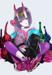 Rule 34 | 1girl, asa (1asa-0-asa1), bad id, bad pixiv id, black jacket, bob cut, bottle, breasts, choker, eyeliner, fate/grand order, fate (series), gourd, headpiece, highres, horns, indian style, jacket, licking lips, long sleeves, looking at viewer, makeup, oni, pants, pink footwear, pink sweater, purple eyes, purple hair, purple pants, sake bottle, shoes, short hair, shuten douji (fate), shuten douji (under the same sky) (fate), sitting, skin-covered horns, small breasts, smile, sneakers, solo, sweater, tongue, tongue out, under the same sky, yoga pants
