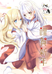 Rule 34 | 2girls, :d, aruka (alka p1), blonde hair, blue eyes, blush, bow, braid, chinese zodiac, commentary request, cow, egasumi, grin, hair between eyes, hakama, hakama skirt, highres, holding hands, interlocked fingers, japanese clothes, kimono, long hair, long sleeves, looking at viewer, miko, multiple girls, nengajou, new year, no shoes, open mouth, original, petals, red bow, red hakama, ribbon-trimmed sleeves, ribbon trim, skirt, smile, socks, translation request, very long hair, white hair, white kimono, white legwear, wide sleeves, year of the ox, yellow eyes