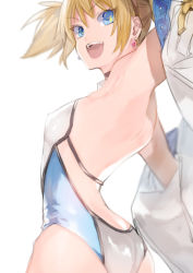 Rule 34 | 1girl, :d, armpits, ass, back, backless outfit, bare shoulders, blonde hair, blue eyes, covered erect nipples, earrings, from behind, granblue fantasy, jewelry, leotard, maka (morphine), off-shoulder jacket, off shoulder, open mouth, pengie, smile, solo, twintails, white background
