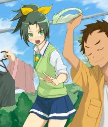 Rule 34 | 10s, 1boy, 1girl, accio, bad id, bad pixiv id, blush, bow, bow panties, brother and sister, brown hair, closed eyes, clothes hanger, clothes theft, green eyes, green hair, green necktie, green panties, green sweater vest, hair bow, holding, holding clothes, holding panties, holding underwear, laundry, midorikawa keita, midorikawa nao, necktie, open mouth, panties, unworn panties, ponytail, precure, school uniform, short hair, siblings, sleeves rolled up, smile, smile precure!, sparkle, sweater vest, theft, underwear, underwear theft