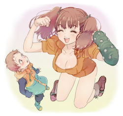 Rule 34 | 10s, 1boy, 1girl, :d, :o, blush, boots, breasts, brown eyes, brown hair, cleavage, collarbone, diane (nanatsu no taizai), fingerless gloves, giant, giantess, gloves, hair ribbon, happy, hood, jacket, jumping, king (nanatsu no taizai), large breasts, leotard, long hair, nanatsu no taizai, open mouth, ribbon, short hair, single glove, smile, trico (mentalsketch1985), twintails