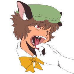 Rule 34 | 1girl, animal ears, brown hair, cat ears, cat girl, chen, fangs, female focus, hat, one eye closed, onikobe rin, open mouth, portrait, red eyes, slit pupils, solo, tongue, tongue grab, tongue out, touhou, wince