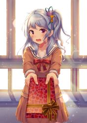 Rule 34 | 1girl, absurdres, backlighting, bang dream!, blue hair, blush, bow, box, brown shirt, brown skirt, collarbone, commentary, gift, gift box, green ribbon, hair between eyes, hair bow, hair ornament, hair ribbon, heart, heart hair ornament, highres, holding, holding gift, hyonee, incoming gift, indoors, long hair, long sleeves, matsubara kanon, one side up, open mouth, pleated skirt, purple eyes, red bow, ribbon, sailor collar, shirt, skirt, solo, standing, sunlight, valentine, white sailor collar, window, yellow bow