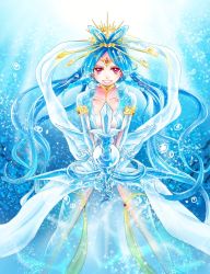 Rule 34 | 1girl, armlet, blue dress, blue hair, choker, collarbone, crown, diving, djinn equip, dress, forehead jewel, grin, hair ornament, hair rings, highres, jewelry, light rays, long hair, lots of jewelry, magi the labyrinth of magic, outdoors, red eyes, ren kougyoku, shawl, smile, solo, standing, sunlight, underwater, water, weapon