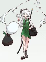 Rule 34 | 1girl, bag, black hairband, closed mouth, commentary, ghost, green eyes, green skirt, green vest, groceries, grocery bag, hairband, highres, hitodama, holding, holding bag, katana, konpaku youmu, konpaku youmu (ghost), looking at object, myui17901139, sheath, sheathed, shopping bag, simple background, sketch, skirt, spring onion, sword, touhou, vest, weapon, weapon on back, white hair
