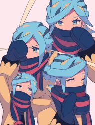 Rule 34 | 1boy, arms behind head, blue eyes, blue hair, blue mittens, blue scarf, closed eyes, commentary request, creatures (company), eyelashes, game freak, grusha (pokemon), hand up, highres, jacket, long sleeves, looking up, male focus, mittens, multiple views, nintendo, pokemon, pokemon sv, scarf, scarf over mouth, striped clothes, striped scarf, trap, tyako 089, white background, yellow jacket