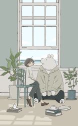 Rule 34 | 1girl, absurdres, bear, black eyes, black pants, book, book stack, brown footwear, brown hair, day, east sha2, from behind, highres, indoors, long sleeves, looking at viewer, open window, original, pants, plant, polar bear, potted plant, shirt, short hair, sitting, solo, white shirt, window