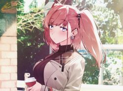 Rule 34 | 1girl, atlanta (kancolle), black sweater, blew andwhite, blue eyes, blush, breasts, brown hair, buttons, closed mouth, coat, coffee cup, cup, disposable cup, earrings, grey coat, holding, holding cup, jewelry, kantai collection, large breasts, long hair, long sleeves, outdoors, ribbed sweater, signature, single earring, solo, star (symbol), star earrings, sweater, turtleneck, turtleneck sweater, two side up, upper body