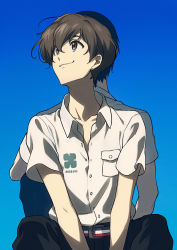 Rule 34 | 2boys, :3, asada hachi, back-to-back, black pants, blue background, blue eyes, brown hair, buttons, closed mouth, collared shirt, commentary request, dress shirt, highres, looking to the side, looking up, male focus, multiple boys, nine (zankyou no terror), pants, school uniform, shirt, shirt tucked in, short hair, simple background, sitting, twelve (zankyou no terror), white shirt, zankyou no terror