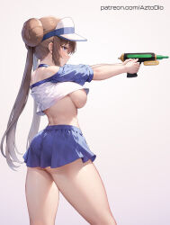 Rule 34 | 1girl, ai-assisted, aiming, ass, aztodio, blue eyes, blue skirt, breasts, brown hair, creatures (company), crop top, doughnut hair bun, from side, game freak, hair bun, holding, holding water gun, large breasts, long hair, midriff, miniskirt, nintendo, outstretched arms, patreon username, pleated skirt, pokemon, pokemon bw2, rosa (pokemon), sideboob, sidelocks, skirt, solo, thighs, twintails, underboob, visor cap, water gun, watermark, web address