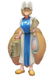 Rule 34 | 1girl, absurdres, animal ears, bag, blonde hair, breasts, brooch, chanta (ayatakaoisii), closed mouth, colored skin, fox ears, fox tail, full body, grocery bag, highres, holding, holding bag, huge breasts, jewelry, long skirt, looking at viewer, multiple tails, paper bag, plastic bag, shirt, shopping bag, short hair, simple background, skirt, slippers, slit pupils, solo, standing, sweat, tabard, tail, touhou, white background, white shirt, white skin, yakumo ran, yellow eyes, yellow footwear