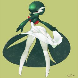Rule 34 | 1girl, artist name, breasts, closed mouth, colored skin, creatures (company), dated, female focus, floral print, full body, game freak, gardevoir, gen 3 pokemon, green background, green hair, green skin, hair over one eye, half-closed eyes, happy, kaz an, legs apart, looking at viewer, multicolored skin, navel, nintendo, outstretched arms, pokemon, pokemon (creature), red eyes, shiny skin, short hair, signature, simple background, small breasts, smile, solo, standing, two-tone skin, white skin