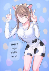 100zi animal_print breasts brown_eyes brown_hair closed_mouth collarbone cow_ears_hairband cow_print girls_und_panzer happy_new_year highres large_breasts mika_(girls_und_panzer) miniskirt new_year one_eye_closed pencil_skirt pointing pointing_up shirt skirt smile white_shirt