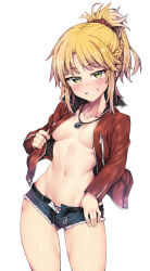 Rule 34 | 1girl, belt, blonde hair, breasts, cutoffs, fate/apocrypha, fate (series), green eyes, grin, highres, jacket, jewelry, jp06, long hair, looking at viewer, micro shorts, mordred (fate), mordred (fate/apocrypha), mordred (memories at trifas) (fate), navel, no bra, open clothes, open fly, open jacket, pendant, ponytail, short shorts, shorts, small breasts, smile, solo, stomach