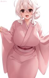 Rule 34 | 1girl, :d, ahoge, blush, breasts, brown eyes, commentary, fang, hair between eyes, highres, iwbitu, japanese clothes, kimono, large breasts, long sleeves, looking at viewer, nyopu, obi, open mouth, original, pink kimono, sash, simple background, skin fang, smile, solo, thick eyebrows, twitter username, white background, white hair, wide sleeves