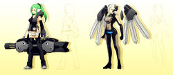 Rule 34 | 2girls, blue eyes, bodysuit, breasts, center opening, character profile, detached sleeves, floating object, floating sword, floating weapon, fringe trim, game console, gatling gun, gun, hair ornament, hair over one eye, hairclip, head out of frame, headgear, highres, large breasts, logo, long hair, microsoft, mike inel, multiple girls, os-tan, playstation 4, playstation 4 (personification), playstation symbols, ponytail, red eyes, short shorts, shorts, sideboob, silver hair, sketch, sony, standing, sword, thighhighs, weapon, xbox one, xbox one (personification)