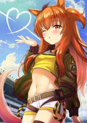 Rule 34 | 1girl, :o, absurdres, animal ears, belt, belt buckle, blowing kiss, blush, bomber jacket, buckle, cloud, commentary, contrail, cowboy shot, crop top, crop top overhang, dog tags, english commentary, female focus, herohero (higashi no dou), highres, horse ears, horse girl, horse tail, jacket, long hair, long sleeves, looking at viewer, mayano top gun (umamusume), navel, one eye closed, orange hair, outdoors, short shorts, shorts, solo, stadium, tail, two side up, umamusume, white shorts