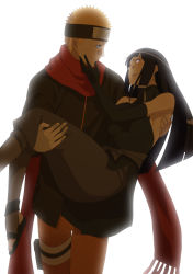 Rule 34 | 1boy, 1girl, bandaged arm, bandages, black dress, black hair, blonde hair, blue eyes, carrying, couple, dress, earrings, elbow gloves, facial mark, forehead protector, gloves, hand on another&#039;s face, hetero, highres, hyuuga hinata, jewelry, long hair, looking at another, midori (mido0021), naruto: the last, naruto (series), princess carry, purple eyes, scarf, short hair, smile, spoilers, uzumaki naruto