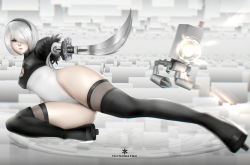 Rule 34 | 1girl, bad id, bad pixiv id, black footwear, black hairband, boots, breasts, cleavage cutout, clothing cutout, feather-trimmed sleeves, frown, grey eyes, hair over one eye, hairband, high heel boots, high heels, highleg, highleg leotard, juliet sleeves, leotard, long sleeves, medium breasts, mole, mole under mouth, nier (series), nier:automata, no blindfold, no dress, pod (nier:automata), puffy sleeves, short hair, silver hair, solo, sword, tecnomayro, thigh boots, thighhighs, thighhighs under boots, vambraces, weapon, white leotard, 2b (nier:automata)