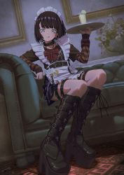 Rule 34 | 1girl, :q, absurdres, apron, black collar, black footwear, black hair, black shirt, black skirt, boots, bow, chain, closed mouth, collar, commentary request, couch, cup, drinking glass, eyebrows hidden by hair, flower, frilled apron, frills, grey eyes, hand up, high heel boots, high heels, highres, hironii (hirofactory), holding, holding tray, indoors, knee boots, layered sleeves, long sleeves, maid, maid headdress, on couch, original, picture frame, pink flower, platform footwear, platform heels, pleated skirt, red bow, shirt, short hair, short over long sleeves, short sleeves, skirt, sleeves past wrists, smile, smiley face, solo, striped, tongue, tongue out, tray, white apron, white flower