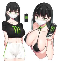 Rule 34 | 1girl, bare shoulders, bikini, black bikini, black hair, black shirt, breasts, cameltoe, can, cleavage, collarbone, commentary request, crop top, cropped torso, energy drink, green eyes, halterneck, hand up, high-waist shorts, large breasts, long hair, looking at viewer, mask, midriff, monster energy, mouth mask, multiple views, navel, original, popqn, shirt, short shorts, short sleeves, shorts, simple background, surgical mask, swimsuit, white background, white shorts